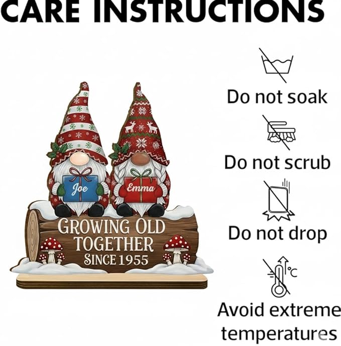 NAZENTI Personalized Growing Old Together Gnome Wooden Plaque for Couples, Custom with Names and Year, Christmas Decorations, Anniversary