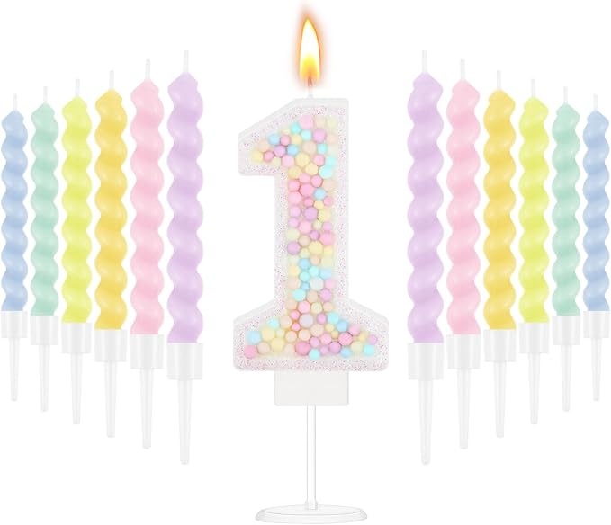 MTLEE Number 1 Birthday Candle with 12 Pcs Spiral Candles for Girls Macaron Pastel Rainbow Unicorn Pink Cake Topper for Sweet Theme Party Decoration