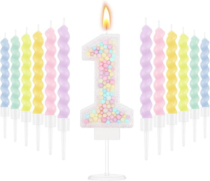MTLEE Number 1 Birthday Candle with 12 Pcs Spiral Candles for Girls Macaron Pastel Rainbow Unicorn Pink Cake Topper for Sweet Theme Party Decoration