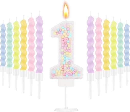 MTLEE Number 1 Birthday Candle with 12 Pcs Spiral Candles for Girls Macaron Pastel Rainbow Unicorn Pink Cake Topper for Sweet Theme Party Decoration