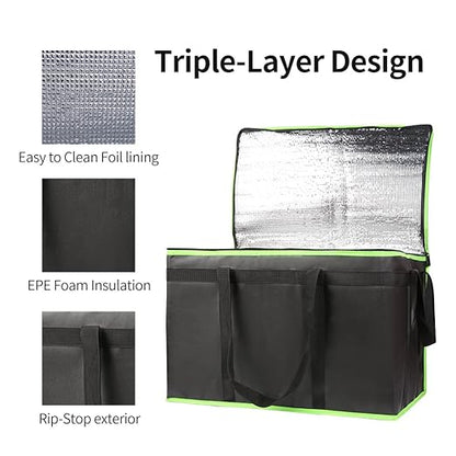 Bodaon 2-Pack Insulated Food Delivery Bag, XXX-Large Meal Grocery Tote Insulation Bag for Hot/Cold Food, Commercial Cooler/Thermal Bags, Large Capacity Reusable Warming Bag, Black with Green Edge