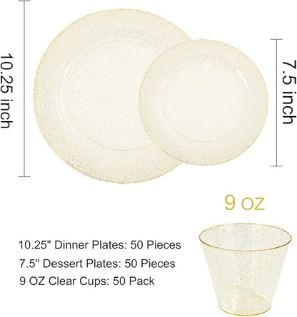 DaYammi 350 Pieces Gold Glitter Dinnerware Set 50 Guest for Party Christmas Plates Disposable - 50 Dinner Plates, 50 Dessert Platos -50 Per Rolled Napkins with Gold Cutlery -50 Disposable Cups 9 OZ