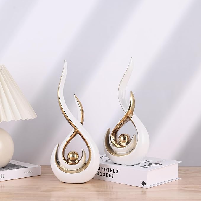2PCS Abstract Art Ceramic Sculptures, Modern Decor Figurines for Living Room Decorative Objects, Sculptures Home Decor Set for Table, TV Stand, Entryway, Bookshelf Display (White Gold)