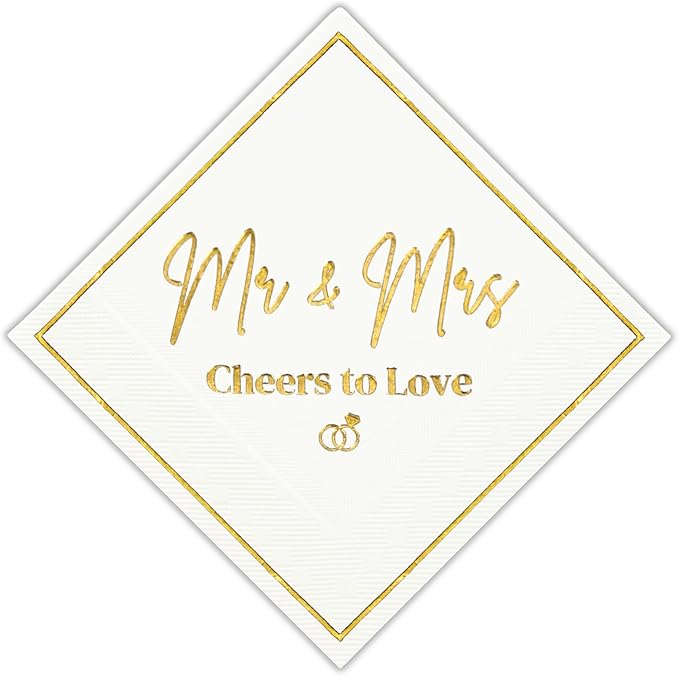 Mr and Mrs Wedding Napkins, Elegant Gold Foil White Paper Cocktail Napkin, Disposable Decorations for Weddings, Receptions, Bridal Showers, Bar, 50 Pack