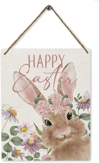 Mtrgdn Easter Decor,Decoration Happy Easter Sign Spring Bunny Rabbit Wood Wall Hanging Tags, Indoor Home Front Porch Farmhouse Decor,8×10 Inch