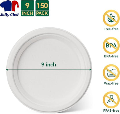 JOLLY CHEF 100% Compostable Paper Plates, 150 Pack 9 Inch Heavy Duty Plates, Disposable Biodegradable Eco-Friendly Sugarcane, Bulk White