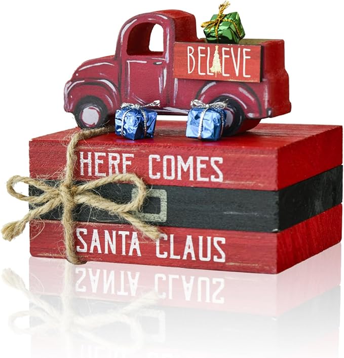 Smile Christmas Wooden Books Stack, Santa Claus Belt Sleigh Faux Books Bundle, Rustic Tiered Tray indoor Decorations, for Home Kitchen Table Mantle Shelf