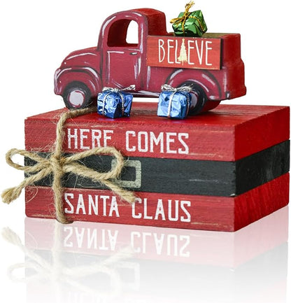 Smile Christmas Wooden Books Stack, Santa Claus Belt Sleigh Faux Books Bundle, Rustic Tiered Tray indoor Decorations, for Home Kitchen Table Mantle Shelf