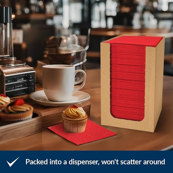 PAW - 100-Pack Disposable Linen-Feel Cocktail Napkins 4" x 4", Red Premium Paper Desert Napkins for Parties, Events, Elegant Cloth-Like Beverage Napkins For Bars, Restaurants, Catereres
