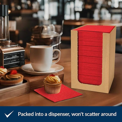PAW - 100-Pack Disposable Linen-Feel Cocktail Napkins 4" x 4", Red Premium Paper Desert Napkins for Parties, Events, Elegant Cloth-Like Beverage Napkins For Bars, Restaurants, Catereres