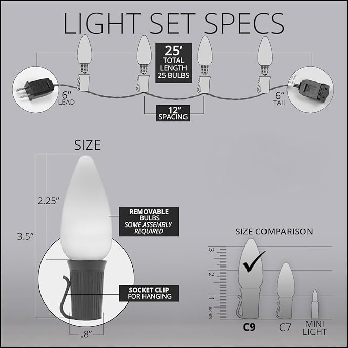 Wintergreen Lighting 25 C9 OptiCore LED Commercial Outdoor Christmas Lights – Heavy Duty Christmas String Lights; Green Wire (25 ft, Multicolor Smooth/Opaque)