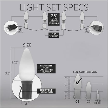 Wintergreen Lighting 25 C9 OptiCore LED Commercial Outdoor Christmas Lights – Heavy Duty Christmas String Lights; Green Wire (25 ft, Cool White Smooth/Opaque)