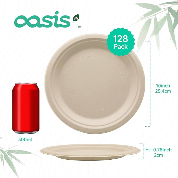 𝟏𝟎 𝐈𝐧𝐜𝐡, 𝟏𝟐𝟖-𝐏𝐚𝐜𝐤 Compostable Paper Plates, Heavy-Duty Biodegradable Disposable Dish Made from Bagasse, Perfeck for Snacks, Desserts, Party, Wedding and More (Nature)