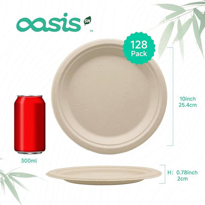 𝟏𝟎 𝐈𝐧𝐜𝐡, 𝟏𝟐𝟖-𝐏𝐚𝐜𝐤 Compostable Paper Plates, Heavy-Duty Biodegradable Disposable Dish Made from Bagasse, Perfeck for Snacks, Desserts, Party, Wedding and More (Nature)
