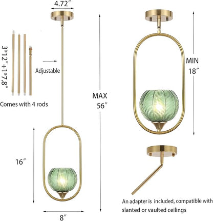 Modern Gold Globe Pendant Light with Green Glass Globe Lampshade Mid Century Chandelier 1-Light Brushed Brass Ceiling Hanging Lighting Fixture for Kitchen Island Dining Room Bedroom (2 Pack)