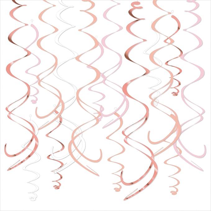 Pink Hanging Swirl Decorations for Party – 42PCS Rose Gold Foil Ceiling Streamers with Hooks for Birthday, Bridal Shower, Bachelorette, Holiday Celebrations