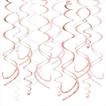 Pink Hanging Swirl Decorations for Party – 42PCS Rose Gold Foil Ceiling Streamers with Hooks for Birthday, Bridal Shower, Bachelorette, Holiday Celebrations