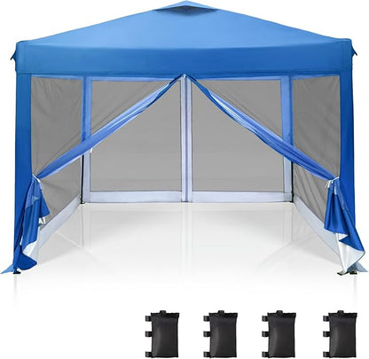 PHI VILLA 10' x 10' Pop Up Canopy Tent with Netting, Instant Gazebo, Ez up Screen Party Tent House Room with Carry Bag, Height Adjustable, for Outdoor, Garden, Blue