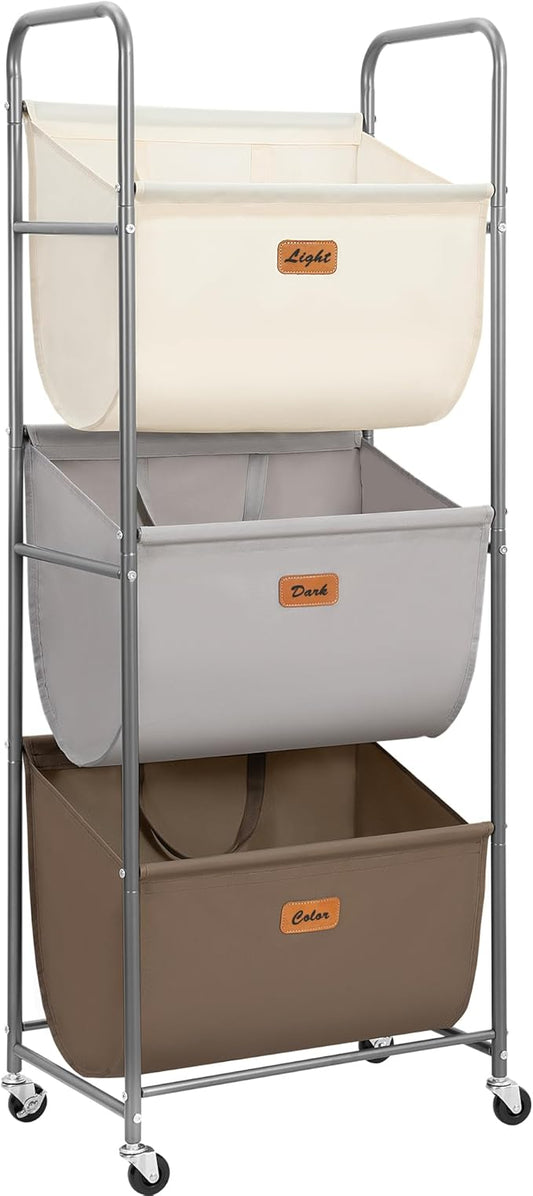 STORAGE MANIAC 120 Liters Vertical Rolling Laundry Hamper, 3 Section Laundry Sorter with Wheels and 2 Breaks, 3-tier Laundry Baskets for Small Space, Dorm, Laundry Room, Closet, Multicolored 3-tier