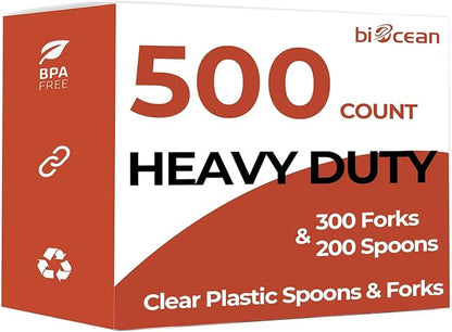 Disposable Plastic Forks Spoons Set of 500 Heavy Duty Bulk Forks Clear Silverware Reusable Plastic Spoons Disposable Cutlery Plastic Utensils Flatware for Home Restaurant Wedding Party Picnic