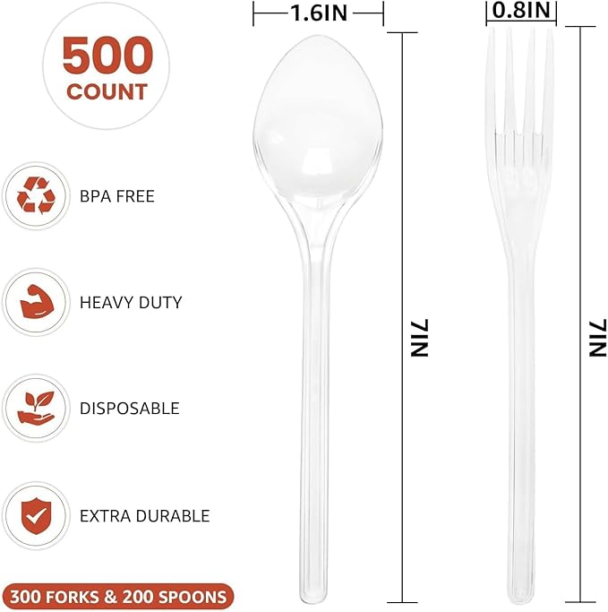 Disposable Plastic Forks Spoons Set of 500 Heavy Duty Bulk Forks Clear Silverware Reusable Plastic Spoons Disposable Cutlery Plastic Utensils Flatware for Home Restaurant Wedding Party Picnic
