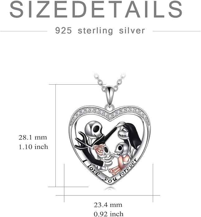 LILALO Christmas Gifts Nightmare Necklace Sterling Silver Abalone Shell Crystal Jack and Sally Necklace Jack Skellington Skull Jewelry Skull Necklaces for Women