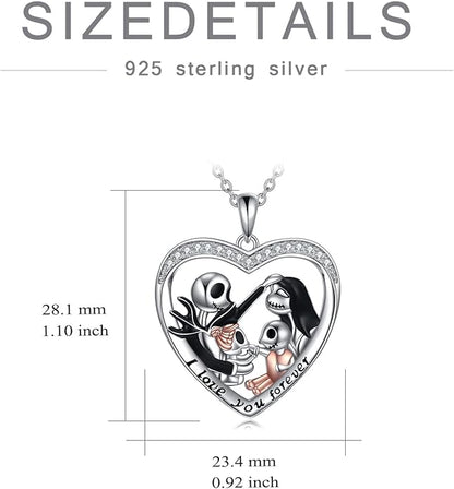 LILALO Christmas Gifts Nightmare Necklace Sterling Silver Abalone Shell Crystal Jack and Sally Necklace Jack Skellington Skull Jewelry Skull Necklaces for Women