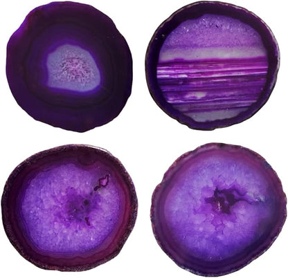 Crystal Cup Mats for Drinks Agate Geode Coaster Set of 4 with Rubber Bumpers 3-4'' Purple Sliced Cup Coaster for Family Bar Party Home Decoration Gift