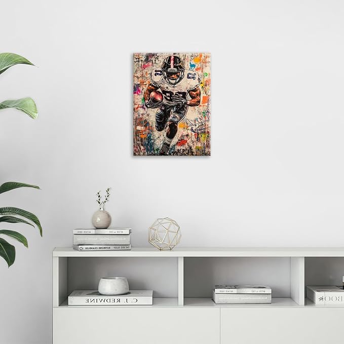 Graffiti Football Wall Art, Banksy American Football Pictures Wall Decor, Rugby Sports Canvas Prints Painting, Sport Poster Framed Artwork for Boys Room Bedroom Bathroom Living Room Office 16"X12"