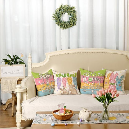 GEEORY Happy Easter Bunny Kisses Easter Wishes Throw Pillow Covers 18x18 Inch Set of 4, Stripes Spring Decorative Farmhouse Holiday Cushion Case for Home Decoration (Rainbow Carrots) G681-18