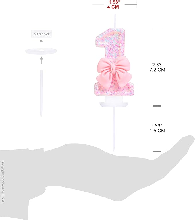 Pink Number 1 Candle for First Birthday Cakes, Pink Sequins and Bowtie 1 Birthday Candle for Girls Pastel Sweet Theme Birthday Party or Adults Milestone Age Decoration