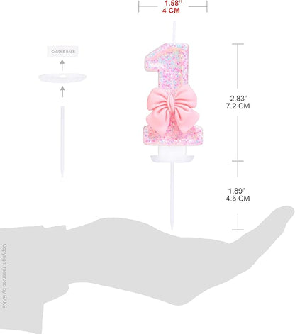 Pink Number 1 Candle for First Birthday Cakes, Pink Sequins and Bowtie 1 Birthday Candle for Girls Pastel Sweet Theme Birthday Party or Adults Milestone Age Decoration