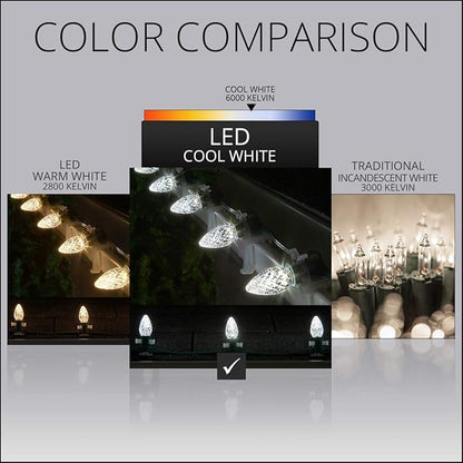 Wintergreen Lighting 50 C7 Opticore Commercial Cool White Christmas Lights – Outdoor Heavy Duty Holiday Bulbs for Patio, Party on 18 Gauge Green Wire (50 ft)