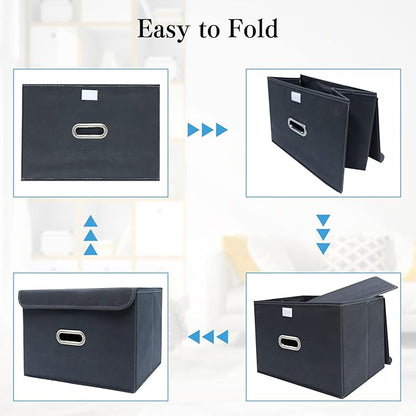 STOREONE Fabric Storage Cube Bins Foldable Organizer Container Collapsible Basket with Lids and Metal Handles, for Home, Bedroom, Closet 8 Pcs (Grey)