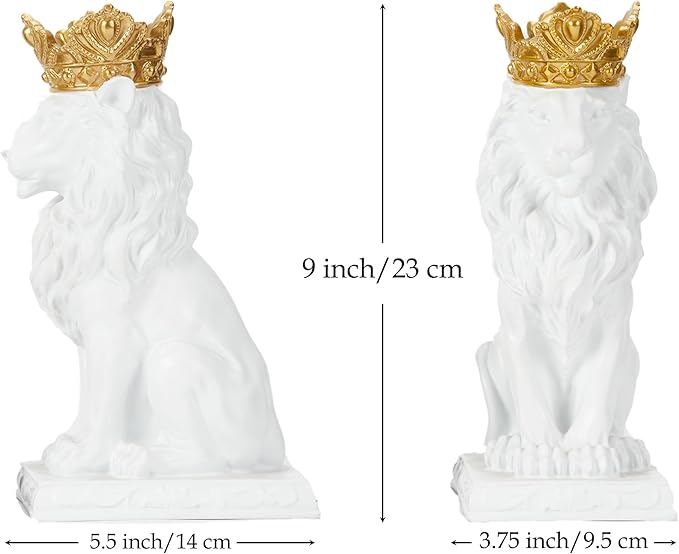 Lion Statue Decor 9 inch Resin, White Decor Accent Crown Lion Statue Man Home Office Desk Table Shelf Decoration, Men Father Leo Gift