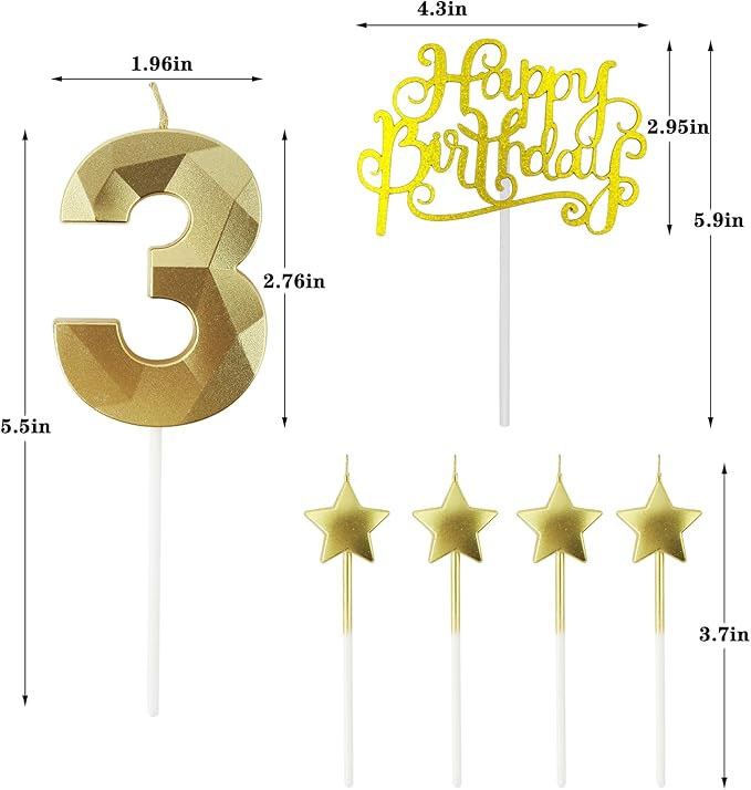 Golden Number 30 Birthday Candles and Star Birthday Candles, 2.76 inch, 3D Diamond Shaped, Suitable for Birthday Parties and Anniversary Cake Decorations