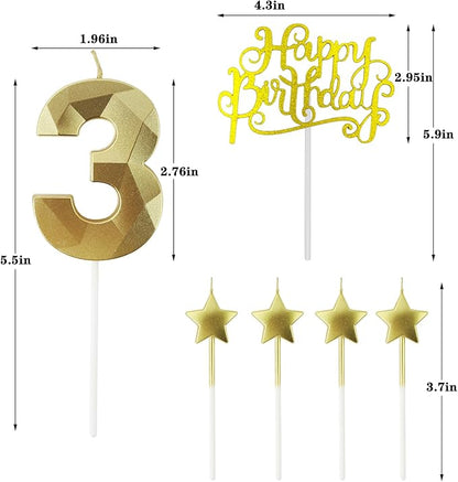 Golden Number 30 Birthday Candles and Star Birthday Candles, 2.76 inch, 3D Diamond Shaped, Suitable for Birthday Parties and Anniversary Cake Decorations