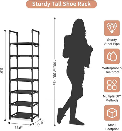 LANTEFUL Tall Shoe Rack 7 Tier Narrow Shoe Shelf Storage for 7-14 Pairs Shoe and Boot, Sturdy Shoe Storage Space Saving Corner Shoe Rack Organizer for Closet, Entryway, Living Room, Brown