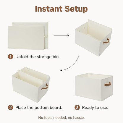 StorageWorks Foldable Storage Bins with PU Handles, Closet Storage Baskets, Fabric Bins for Clothes Storage, Ivory White, 3-Pack, Extra Large