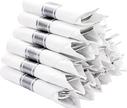 N9R 75 Pack Pre Rolled Silver Plastic Cutlery Set, 75 Pieces (75 Forks, 75 Knives, 75 Spoons, 75 Napkins), Disposable Silverware Set for Party, Wedding, Modern Style