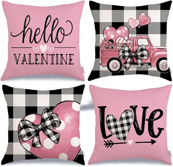 GEEORY Buffalo Plaid Valentines Day Pillow Covers 16x16 Set of 4 Valentine Day Decor Polka Dot Pink Heart with Bow Love Truck Decorative Throw Pillows for Sofa Couch Cushion Decorations G447-16