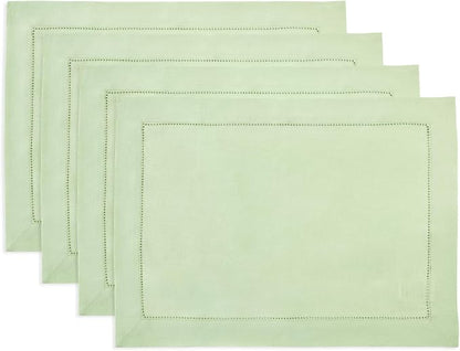 Solino Home Linen Cloth Placemats Set of 4-100% Pure Linen Hemstitch Light Green Placemats 14 x 19 Inch - Classic Hemstitch Table Place Mats