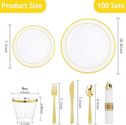 DaYammi 350PCS Clear Gold Plastic Dinnerware Set for 50 Guests, Christmas Plates Disposable, Include: 50 Dinner Plates, 50 Dessert Plates, 50 Pre Rolled Napkins with Gold Silverware, 50 Cups