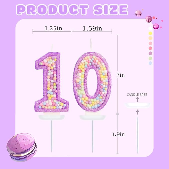 Purple Birthday Candles - Number 10 Candle, Colorful Macaron Candles, 10 Birthday Decorations for Girls, Purple Cake Decorations, Theme Party Supplies