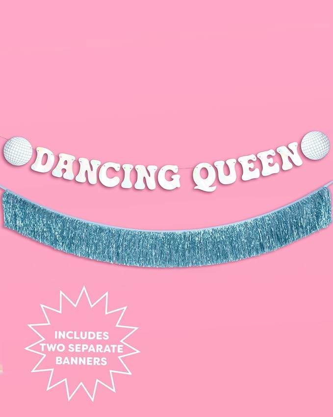 xo, Fetti Dancing Queen Fringe Banner - Iridescent & Blue Fringe, 5 Ft. | Disco Bachelorette Decorations, 70s Backdrop, Groovy Birthday Party, Boogie Bach Backdrop