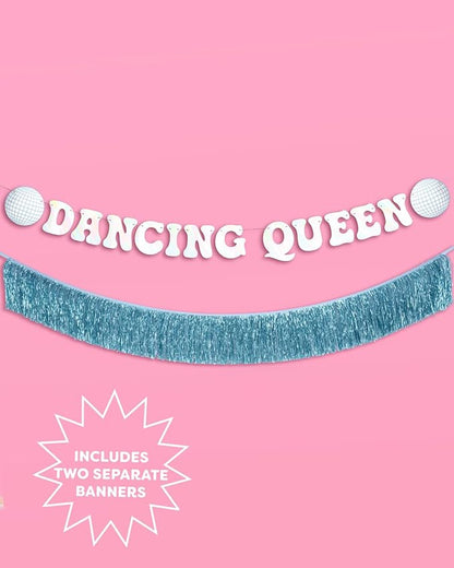 xo, Fetti Dancing Queen Fringe Banner - Iridescent & Blue Fringe, 5 Ft. | Disco Bachelorette Decorations, 70s Backdrop, Groovy Birthday Party, Boogie Bach Backdrop