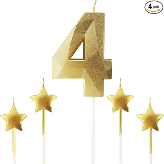 Golden Number 4 Birthday Candles and Star Birthday Candles 2.76 inch Birthday Cake Candles 3D Diamond Shaped Candles are Suitable for Birthday Parties and Anniversary Cake Decorations Candles(Gold 4