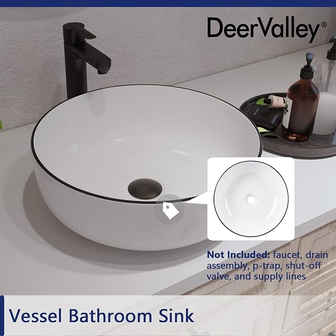 DeerValley 16'' Round Vessel Sink, Bathroom Sinks Above Counter White Ceramic Bathroom Vessel Sinks, Porcelain Sink Bowl for Bathroom, White Body with Black Trim Vanity Sink Basin DV-1V0030