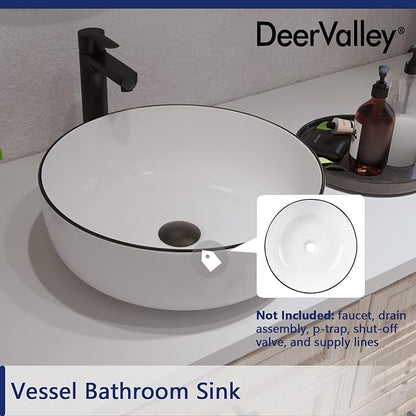 DeerValley 16'' Round Vessel Sink, Bathroom Sinks Above Counter White Ceramic Bathroom Vessel Sinks, Porcelain Sink Bowl for Bathroom, White Body with Black Trim Vanity Sink Basin DV-1V0030