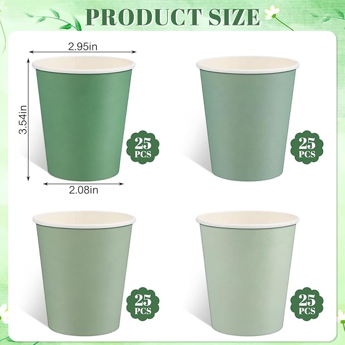 100 Pack Sage Green Paper Cups 9oz Gradient Sage Green Party Cups Disposable Paper Cups, Drinking Cups for Wedding Birthday Baby Shower Party Supplies